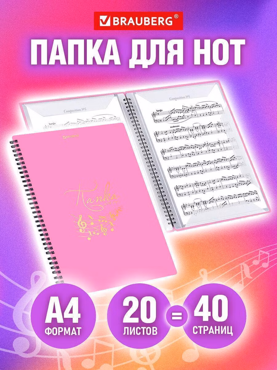 Папка-тетрадь для нот А4, 20 вкладышей на 40 страниц, на гребне, пластик, РОЗОВАЯ, BRAUBERG, 404642
