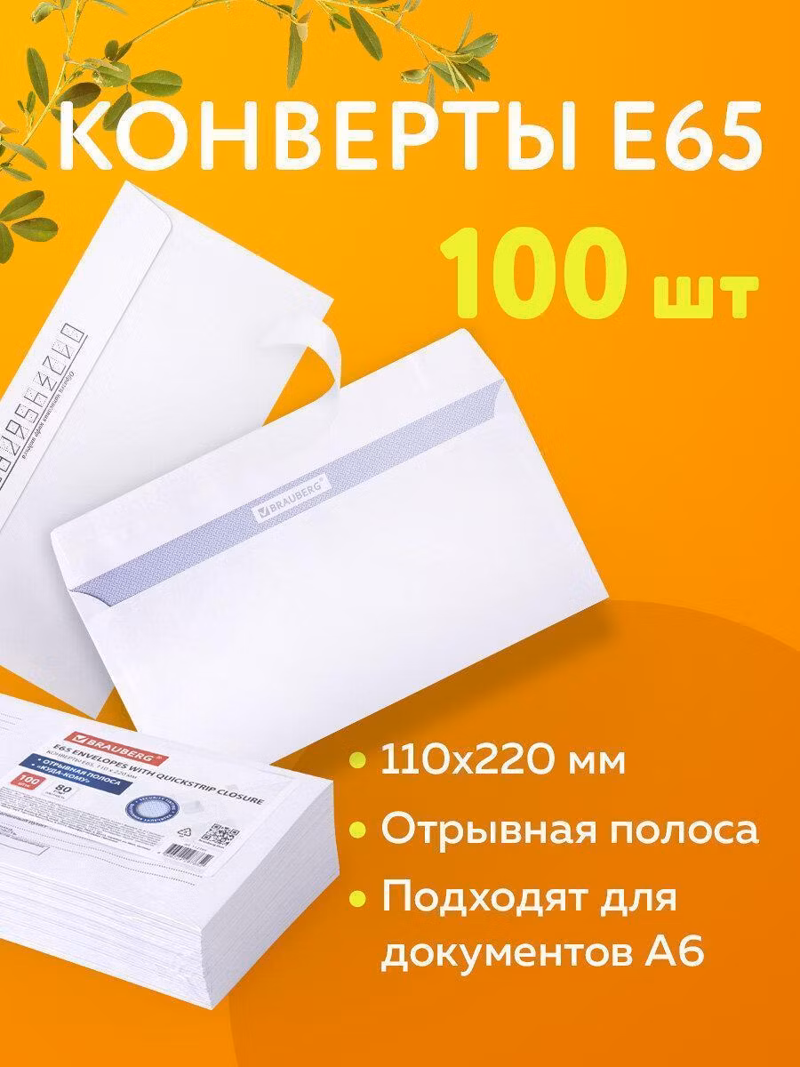Конверты Е65 (110х220мм) отрыв.лента Куда-Кому 80г/м2 КОМПЛЕКТ 100шт, внут.запечатка BRAUBERG 112195