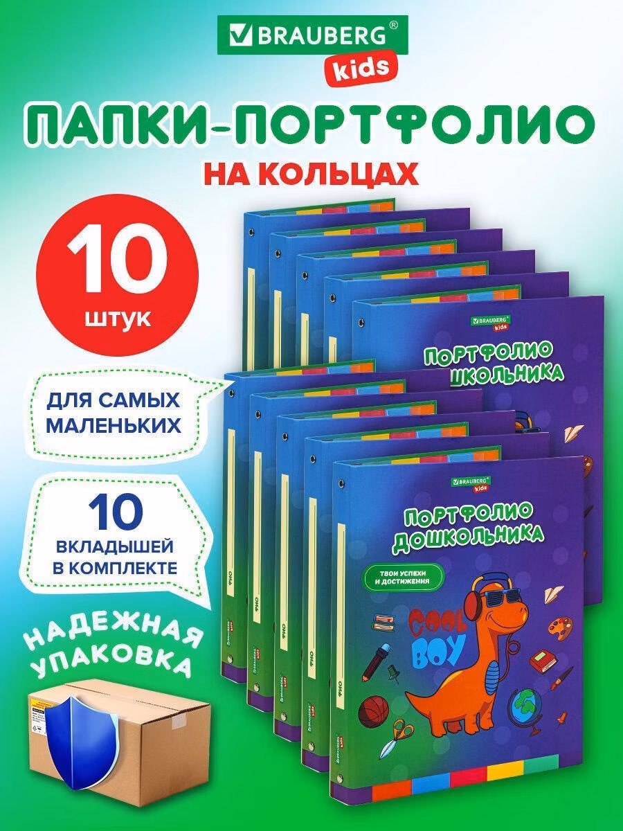 Портфолио Brauberg Портфолио дошкольника, А4 на кольцах набор 10 штук, 10 вкладышей, для мальчиков Kids Динозавр, 116189