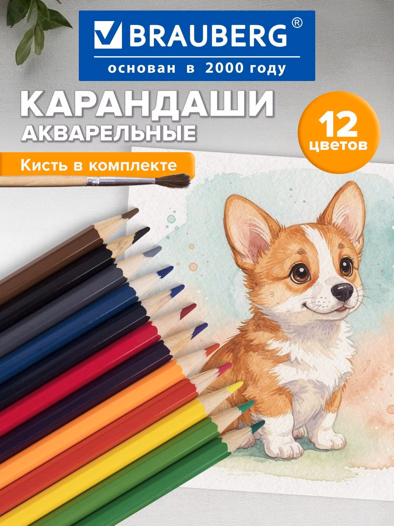 Карандаши цветные акварельные BRAUBERG 12 цветов с КИСТЬЮ, шестигранные, натуральное дерево, 181848