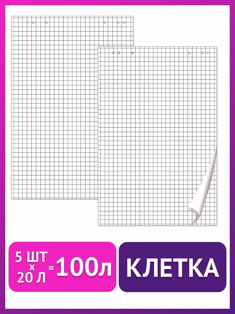 Блокноты для флипчарта ПЛОТНЫЕ 80 г/м2, BRAUBERG, 67,5х98 см, КОМПЛЕКТ 5шт., 20 л., клетка, 124097