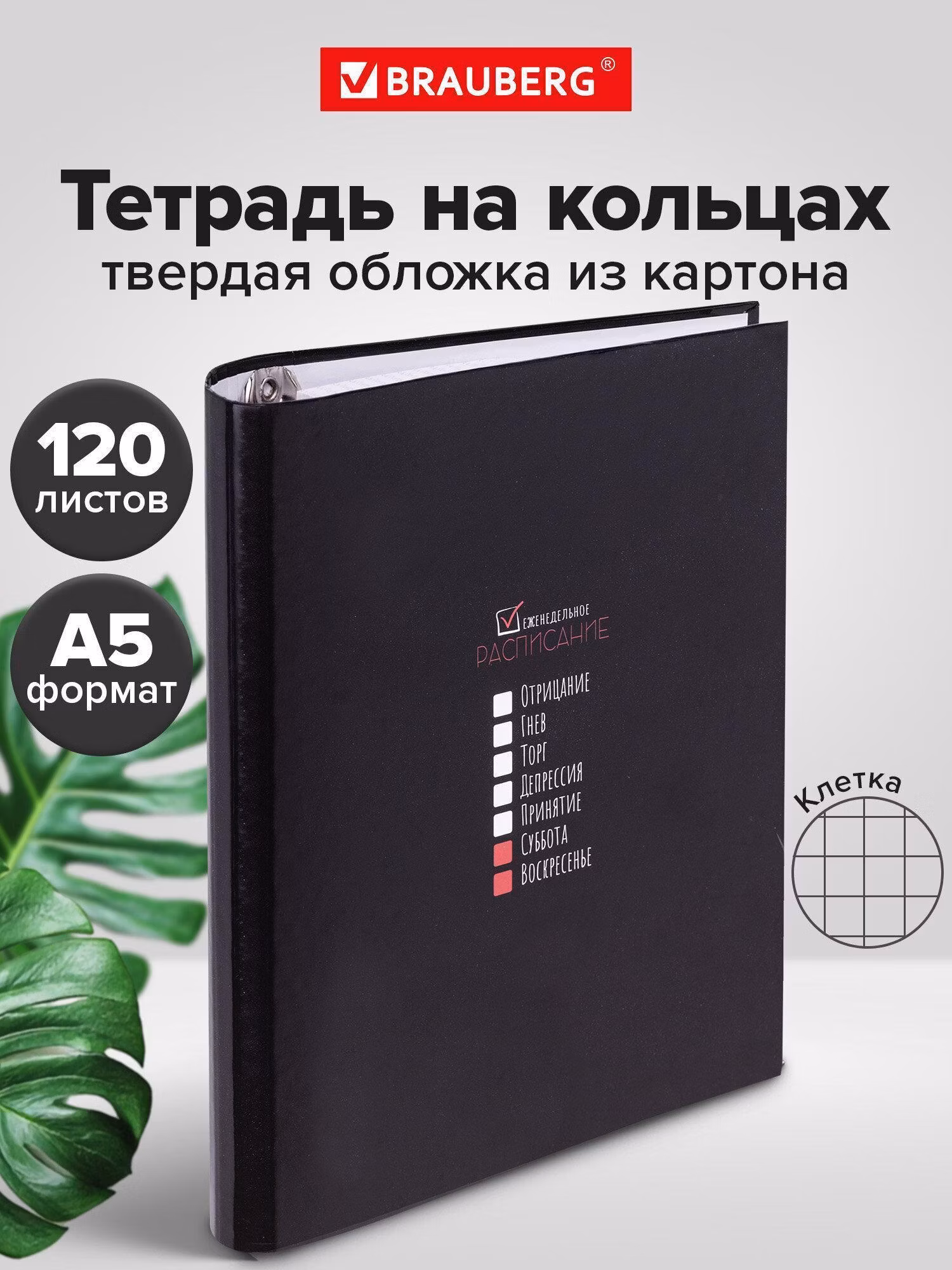 Тетрадь на кольцах А5 175х215мм, 120л, твердый картон, клетка, BRAUBERG, Стадии недели, 404717