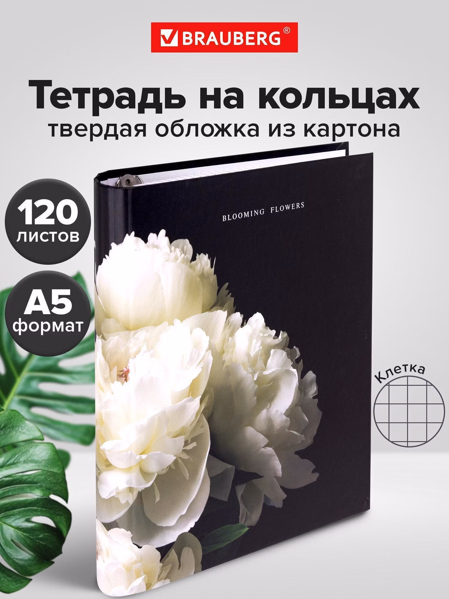 Тетрадь Brauberg на кольцах А5 в клетку со сменным блоком 175х215 мм, 120 листов, твердый картон Bloom, 404721