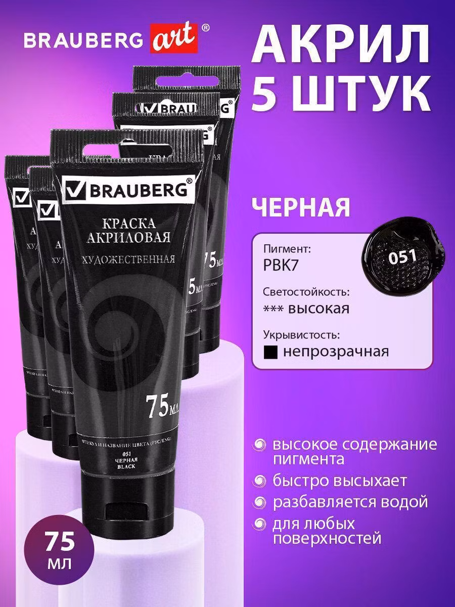 Краска художественная Brauberg Акриловые черные матовые акрил набор 5 штук для рисования по холсту, дереву по 75 мл в тюбиках, Art Debut, 192417