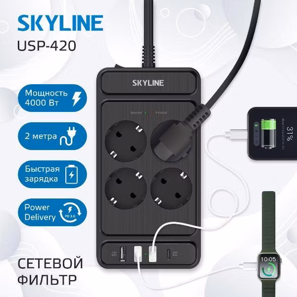 Сетевой фильтр с USB зарядкой Skyline USP-420 Black PD3.0