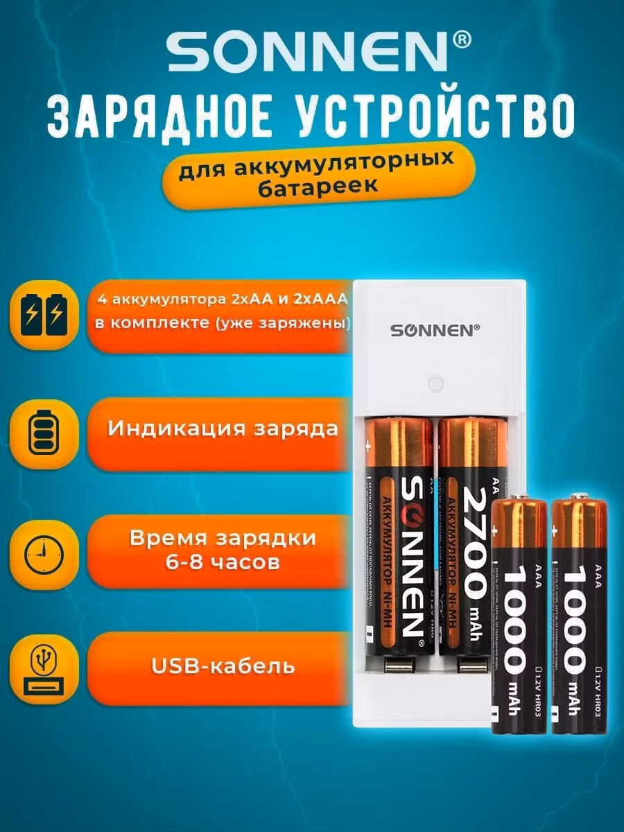 Зарядное устройство Sonnen для аккумуляторных батареек на 2 слота с 4 аккумуляторами в комплекте (2 АА и 2 ААА 2700/1000 mAh), 455005