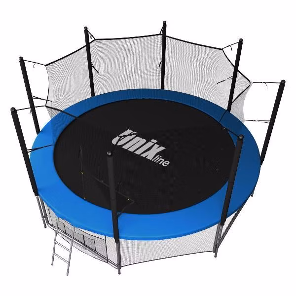 Батут UNIX line Классик / Classic 14 ft, общий диаметр 427 см, до 170 кг, диаметр прыжковой зоны 367 см, двухсторонний мат синий-зеленый, в комплекте лестница, нижняя сетка