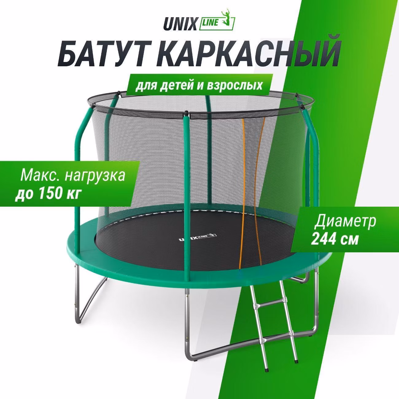 Батут UNIX line Премиальный / Supreme Basic 8 ft, диаметр 244 см, до 150 кг, с внутренней защитной сетью, с лестницей в комплекте