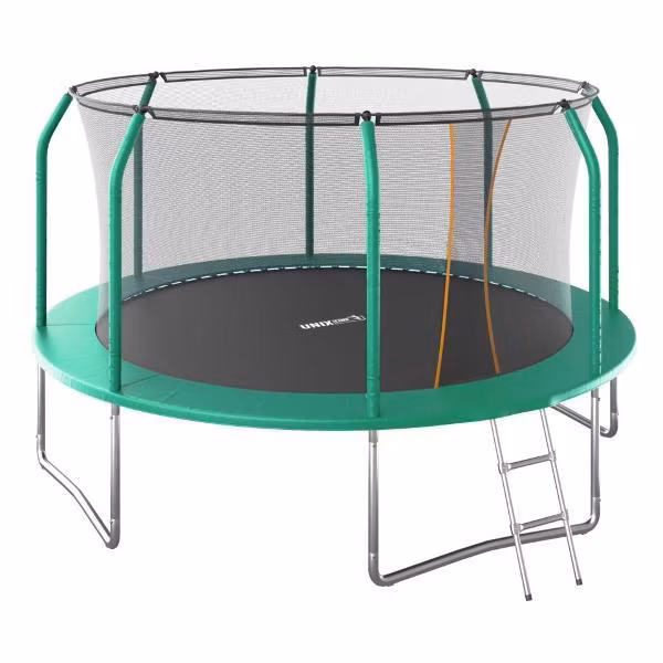 Батут UNIX line Премиальный / Supreme Basic 12 ft, диаметр 366 см, вес до 150 кг, с внутренней защитной сетью, для дома и улицы, с лестницей в комплекте, зеленый