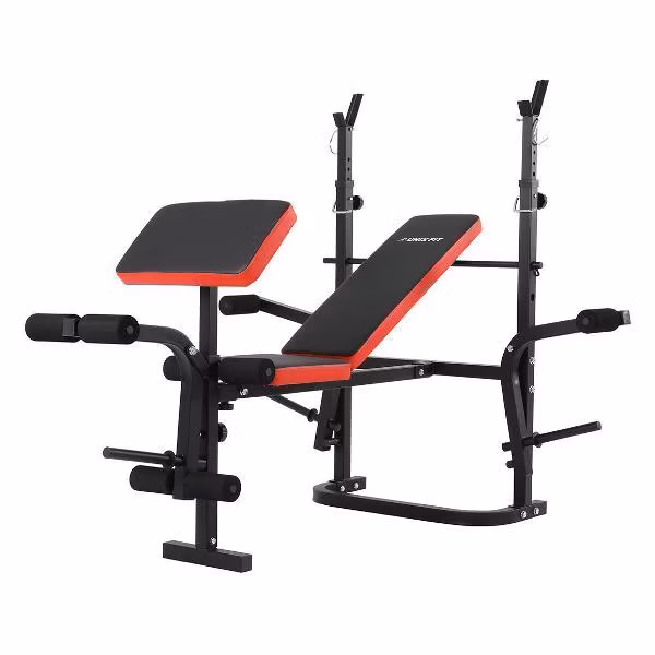 Скамья силовая со стойками для дома UnixFit 120P складная, нагрузка на скамью до 200 кг, 148 x 131 x 110-123 см, с держателями под диски 26 мм